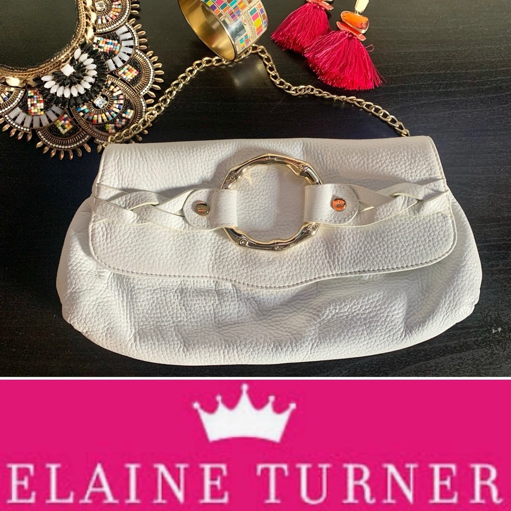 Elaine Turner White & Gold Pebbled Leather Clutch Magnetic Closure Handbag Purse